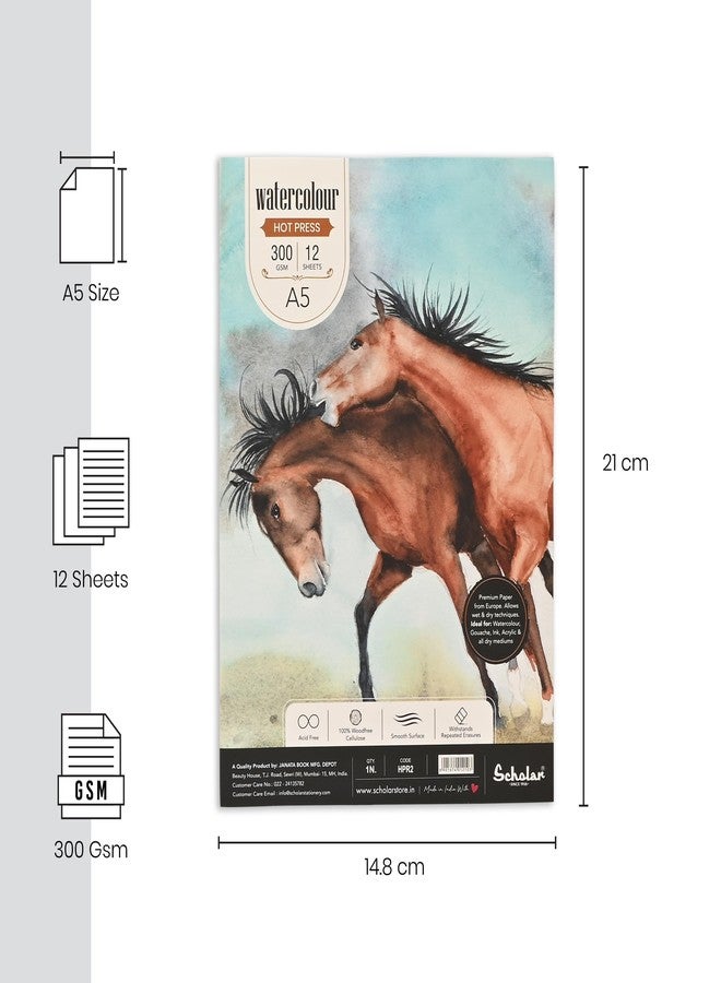 Scholar Watercolour Hot Pressed Paper Pad (Glued) (12 Sheets, 300 GSM Thick Professional Watercolour Paper) (A5) - Image 2
